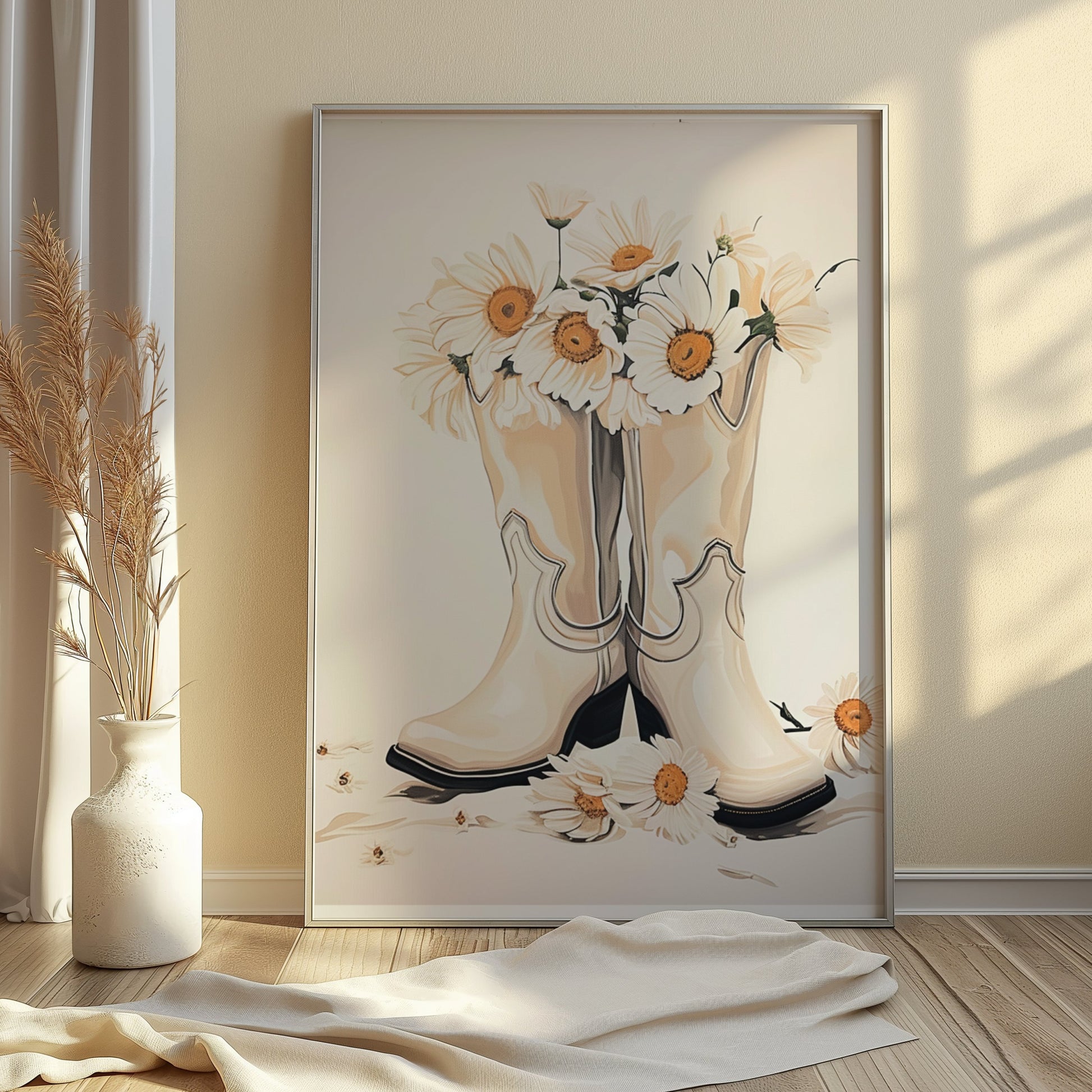 Premium Poster of Vintage Cowgirl Boots with Daisies Art Print Posters