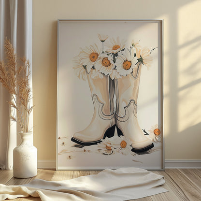 Premium Poster of Vintage Cowgirl Boots with Daisies Art Print Posters