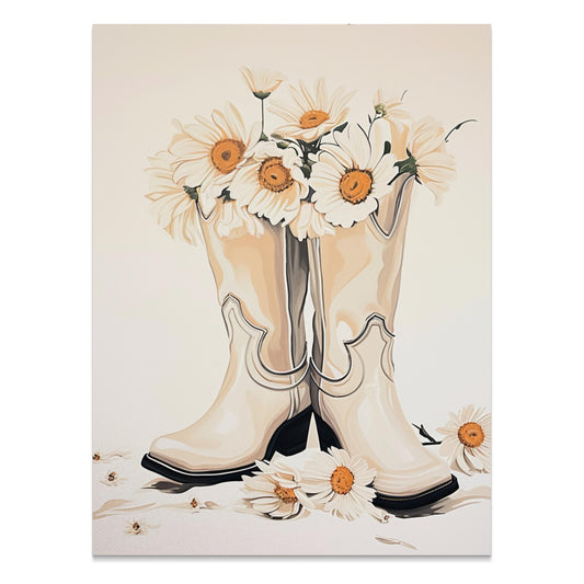 Premium Poster of Vintage Cowgirl Boots with Daisies Art Print Posters