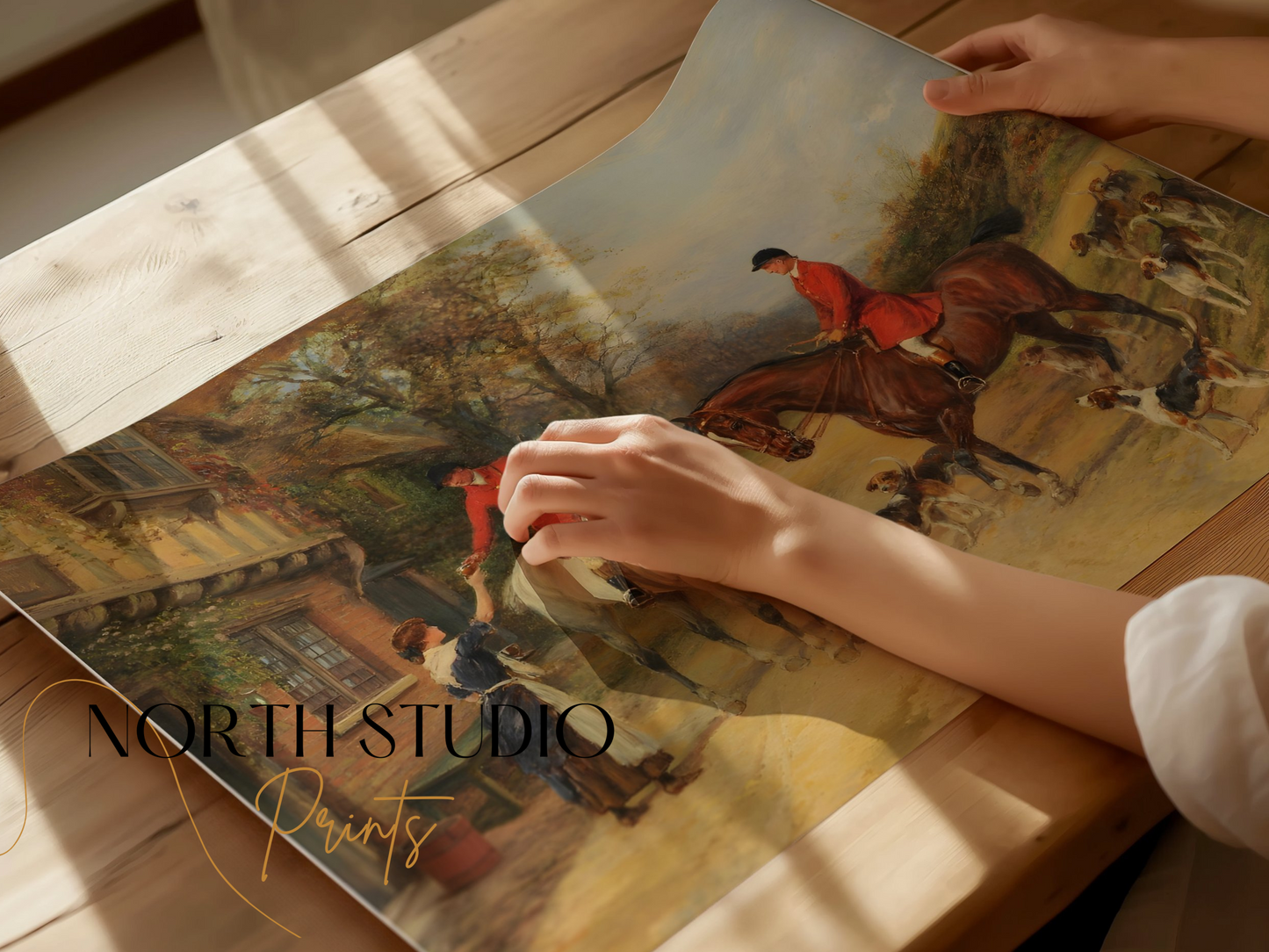 Premium Poster of Vintage Equestrian Hunting Scene with Hounds Posters
