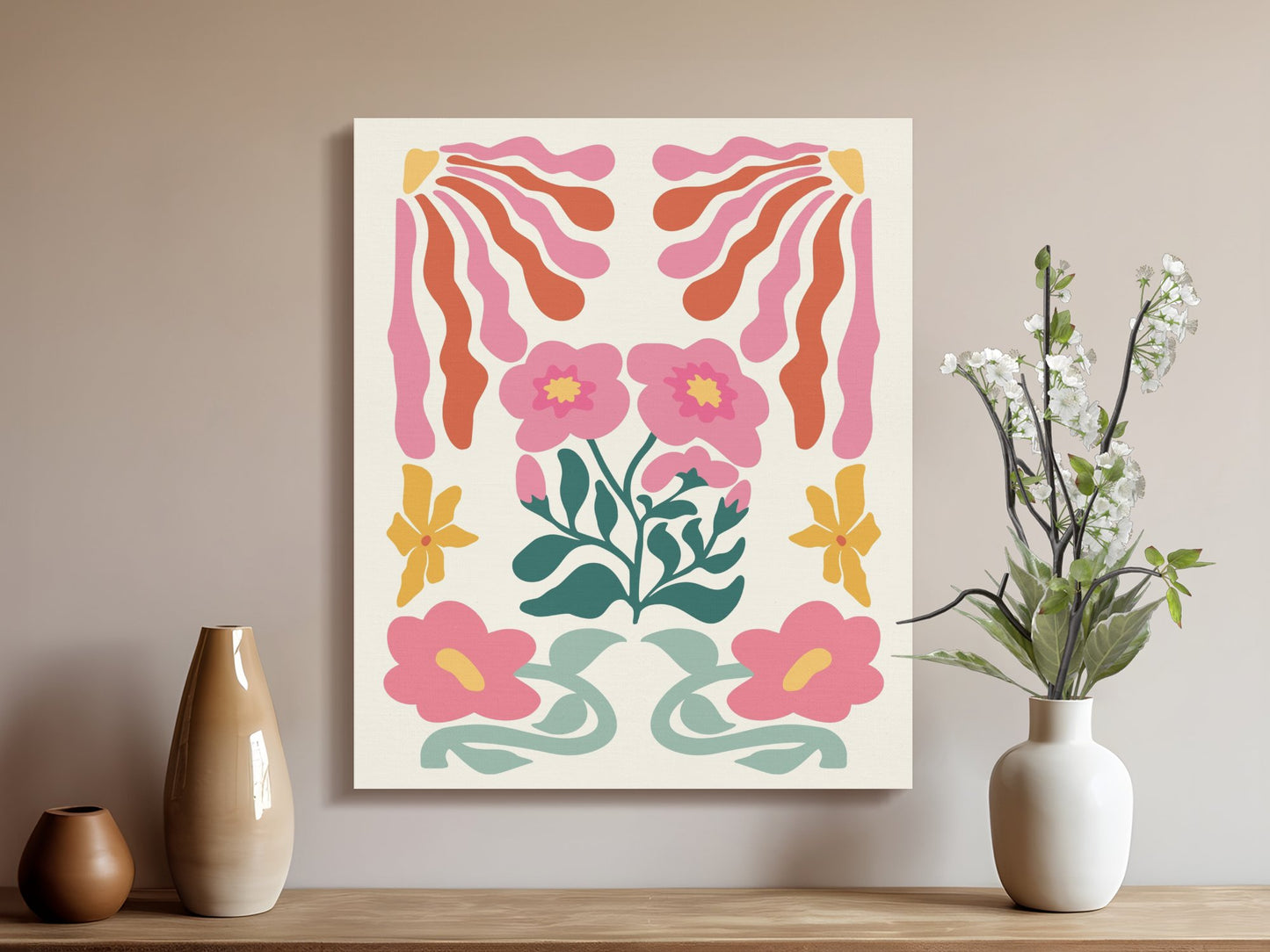 Premium Poster of Vintage Floral Art Print with Pink Flowers Canvas Wraps