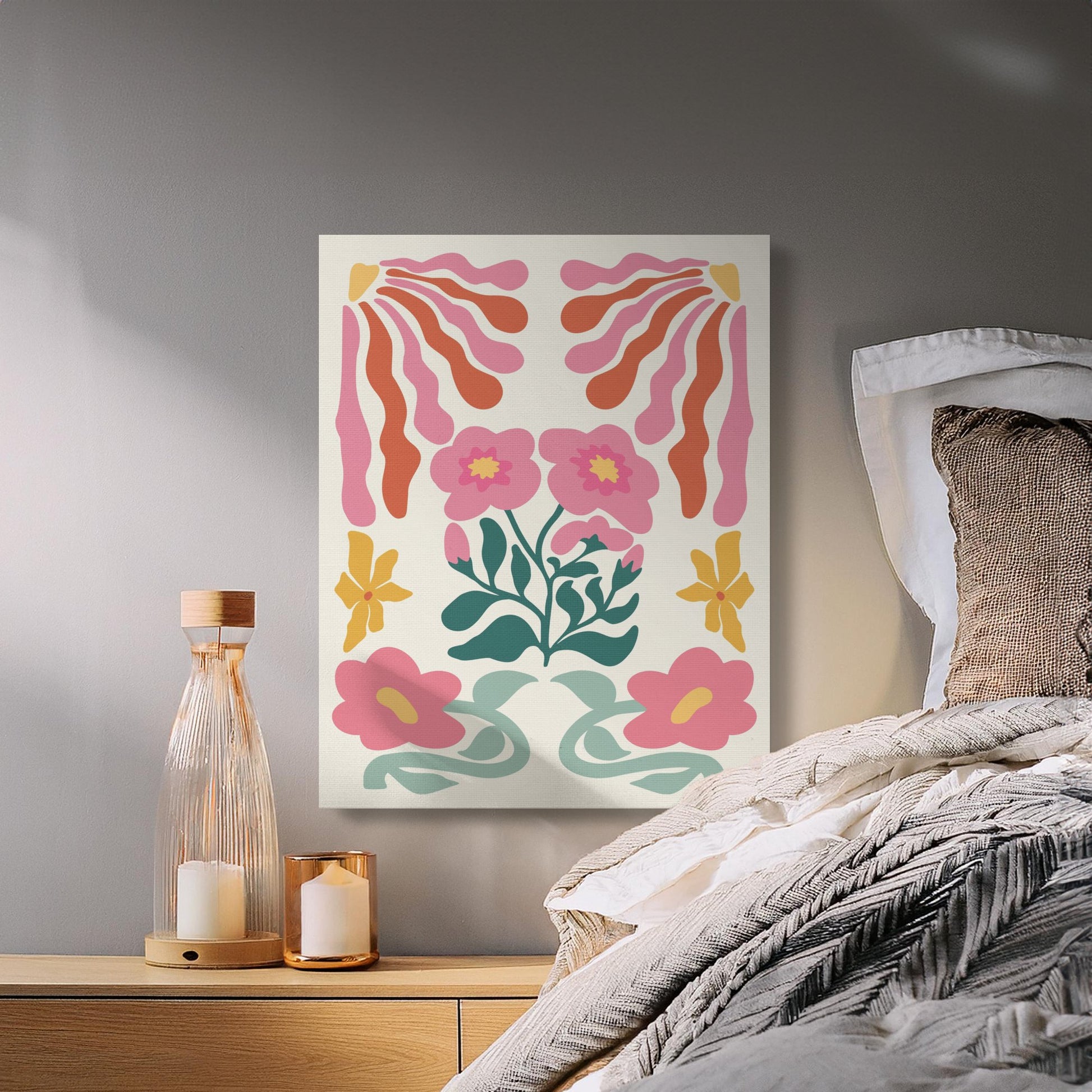 Premium Poster of Vintage Floral Art Print with Pink Flowers Canvas Wraps