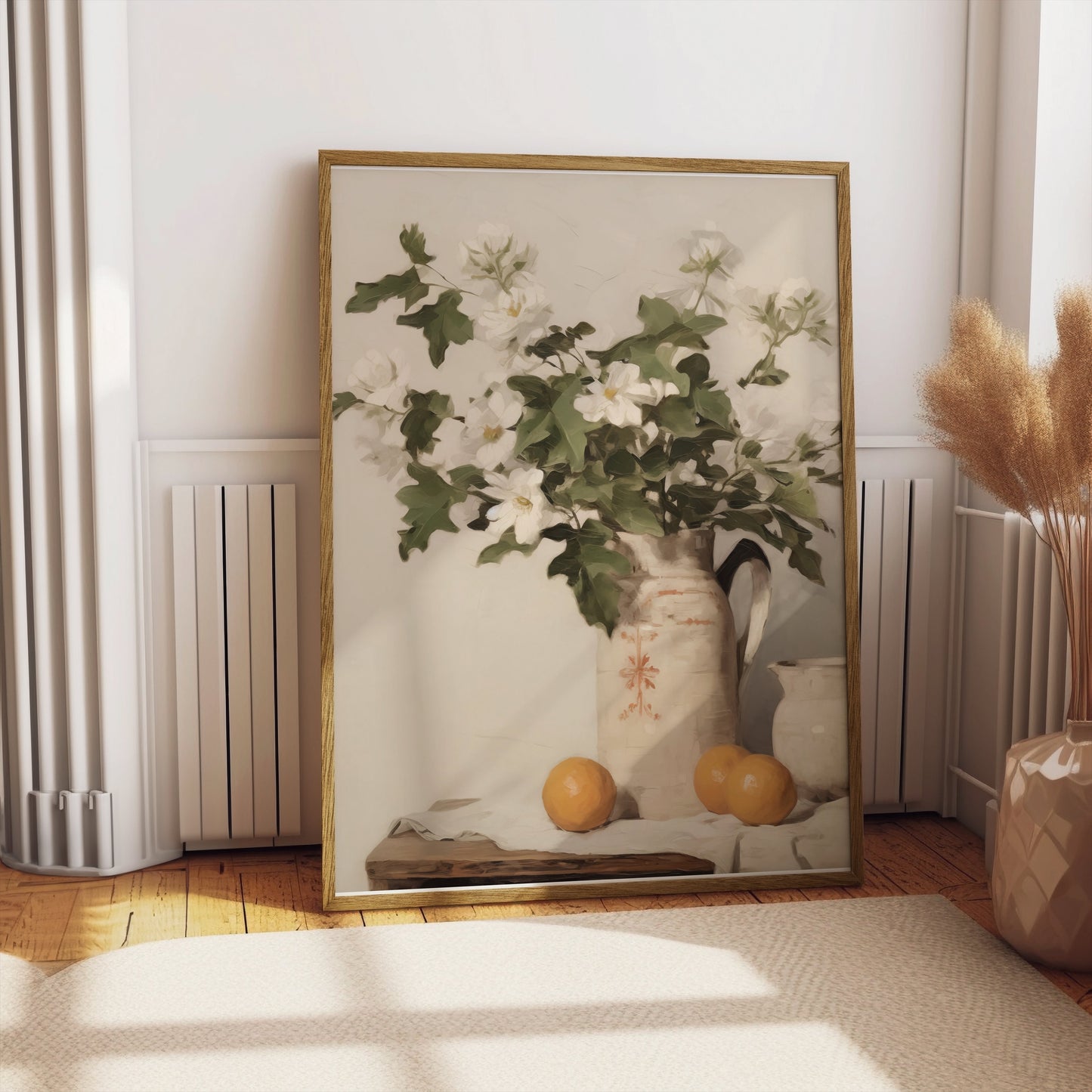 Premium Poster of Vintage Floral Pitcher and Orange Still Life Posters