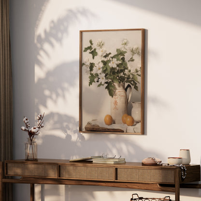 Premium Poster of Vintage Floral Pitcher and Orange Still Life Posters