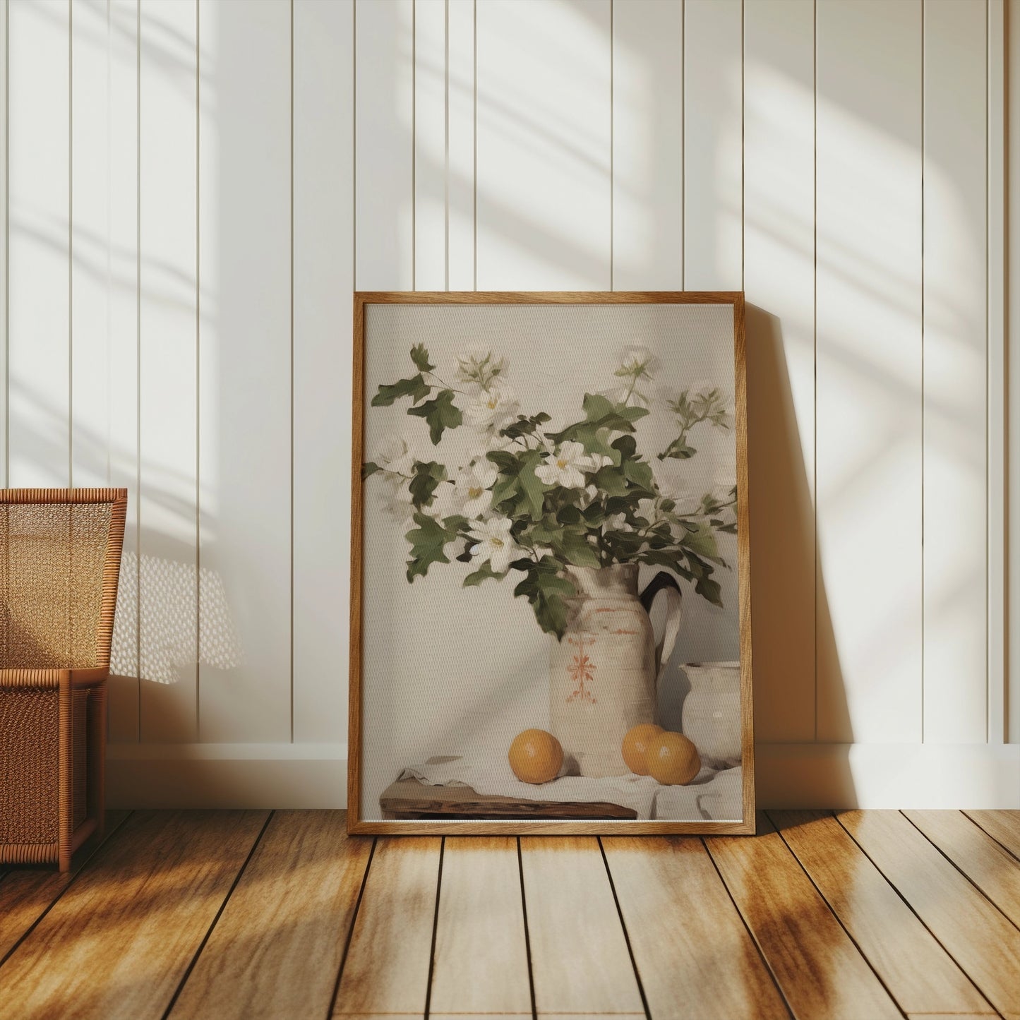 Premium Poster of Vintage Floral Pitcher and Orange Still Life Posters