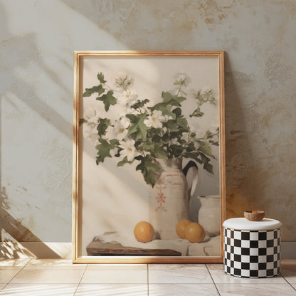 Premium Poster of Vintage Floral Pitcher and Orange Still Life Posters