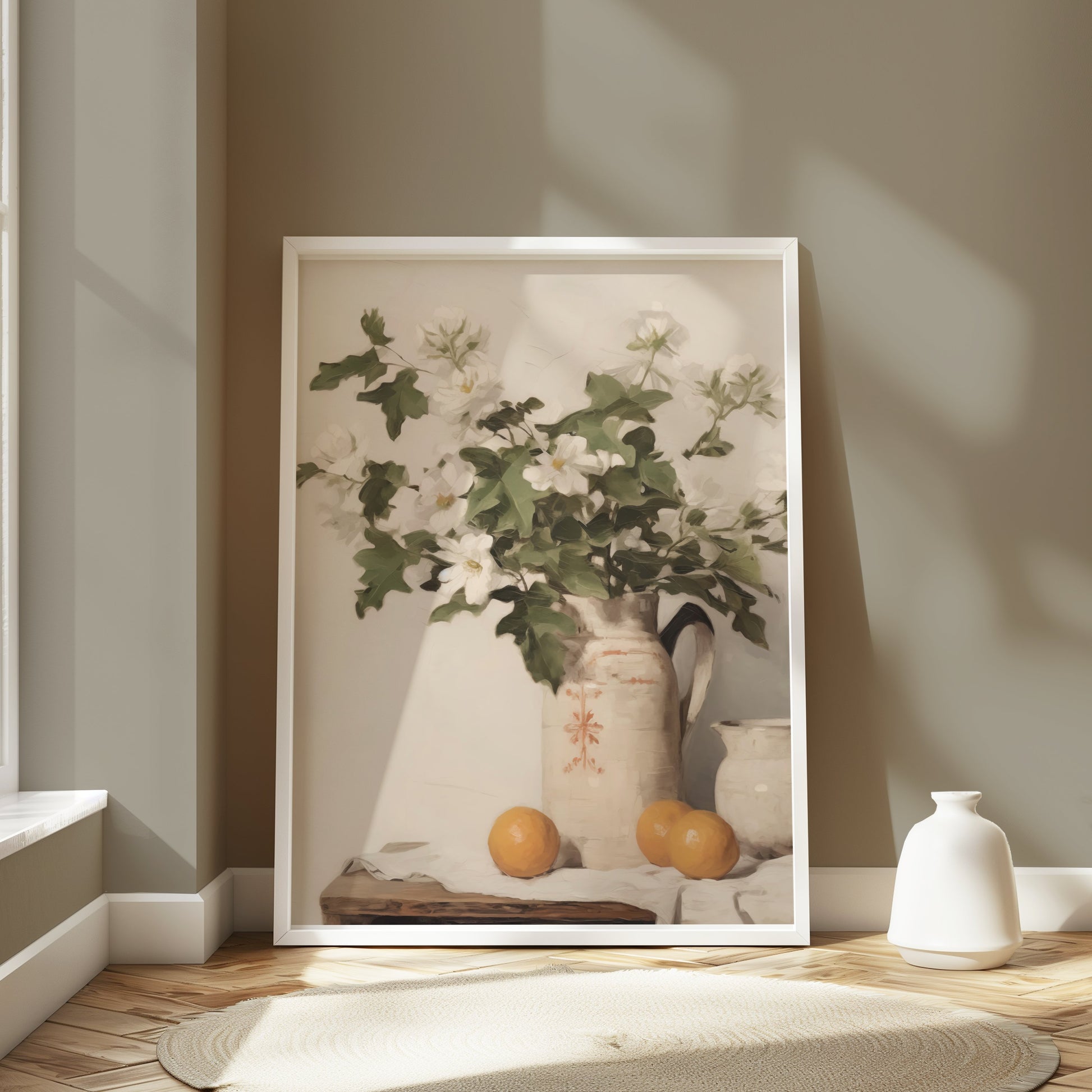 Premium Poster of Vintage Floral Pitcher and Orange Still Life Posters