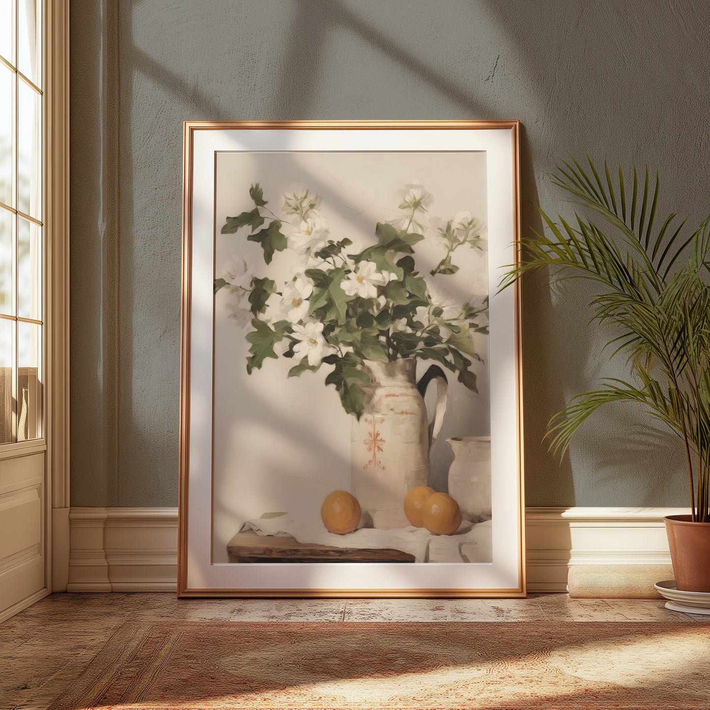 Premium Poster of Vintage Floral Pitcher and Orange Still Life Posters