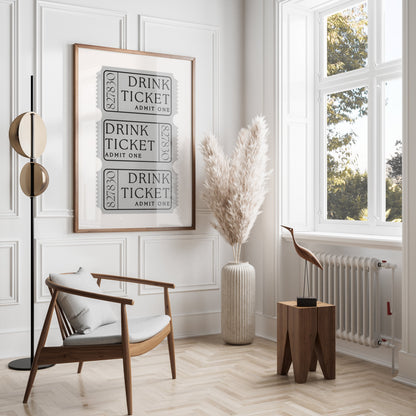 Premium Poster of Vintage Gray Drink Ticket Admit One Art Posters
