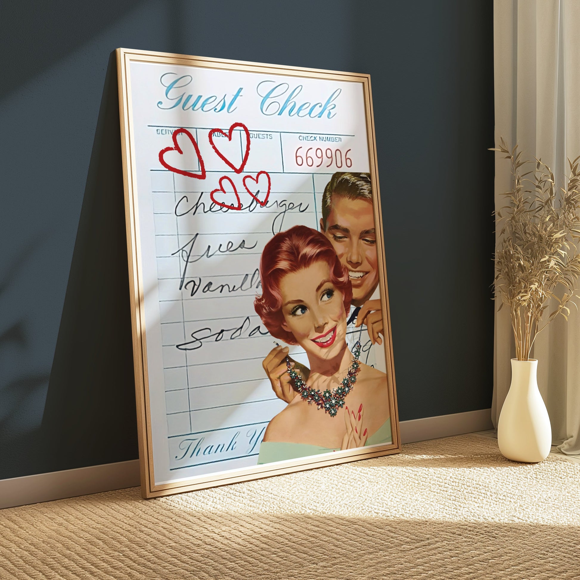 Premium Poster of Vintage Guest Check Art with Romantic Hearts Posters