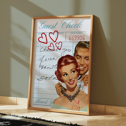 Premium Poster of Vintage Guest Check Art with Romantic Hearts Posters