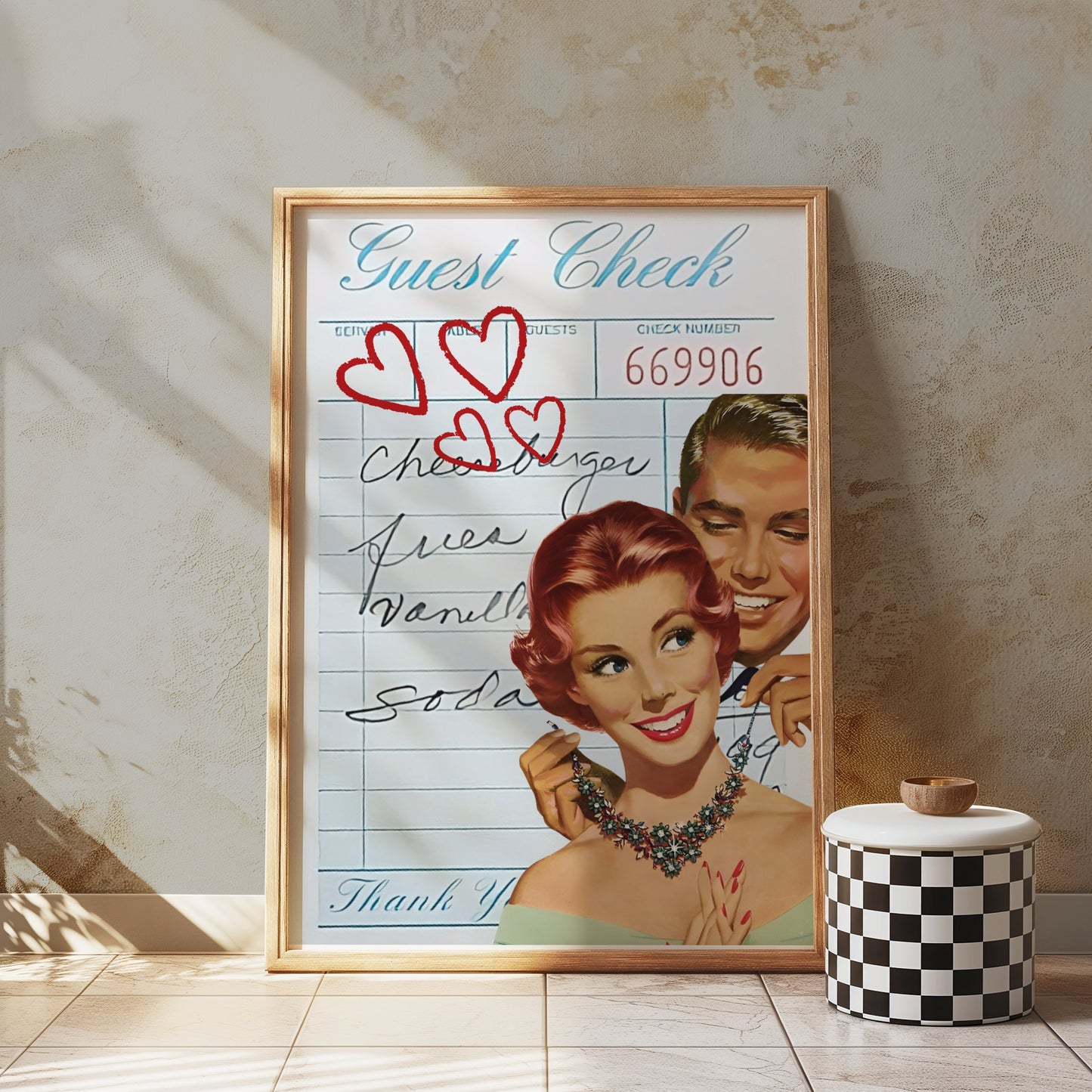 Premium Poster of Vintage Guest Check Art with Romantic Hearts Posters
