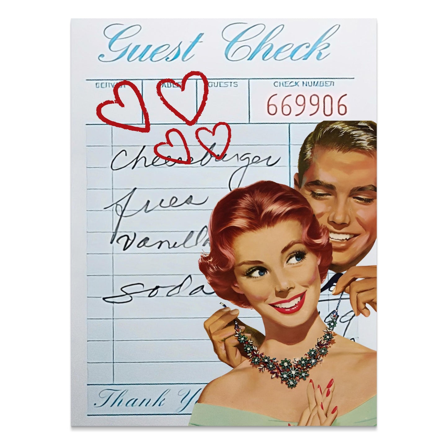 Premium Poster of Vintage Guest Check Art with Romantic Hearts Posters