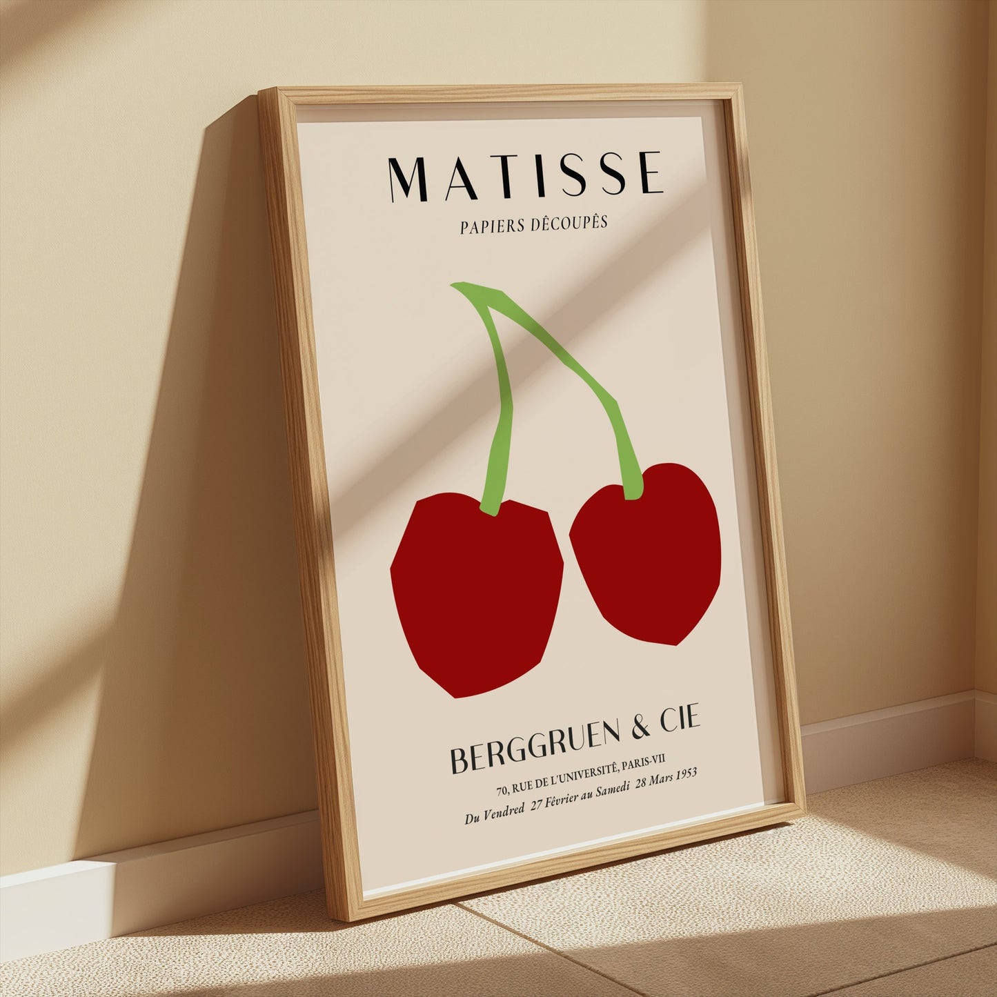 Henri Matisse cherry art print in a wooden frame, styled in a sunlit corner with minimalist decor, perfect for modern wall art.