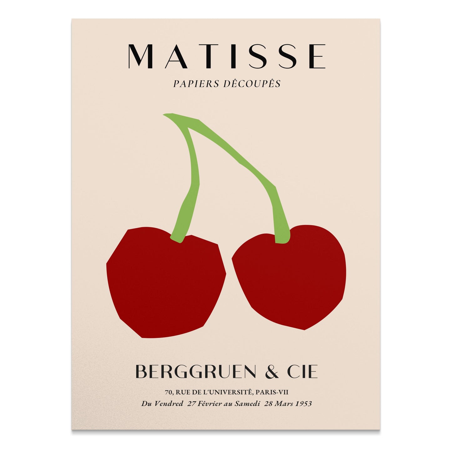 Vintage Henri Matisse art print poster featuring minimalist red cherries with green stems on a beige background, titled 'Berggruen & Cie.'