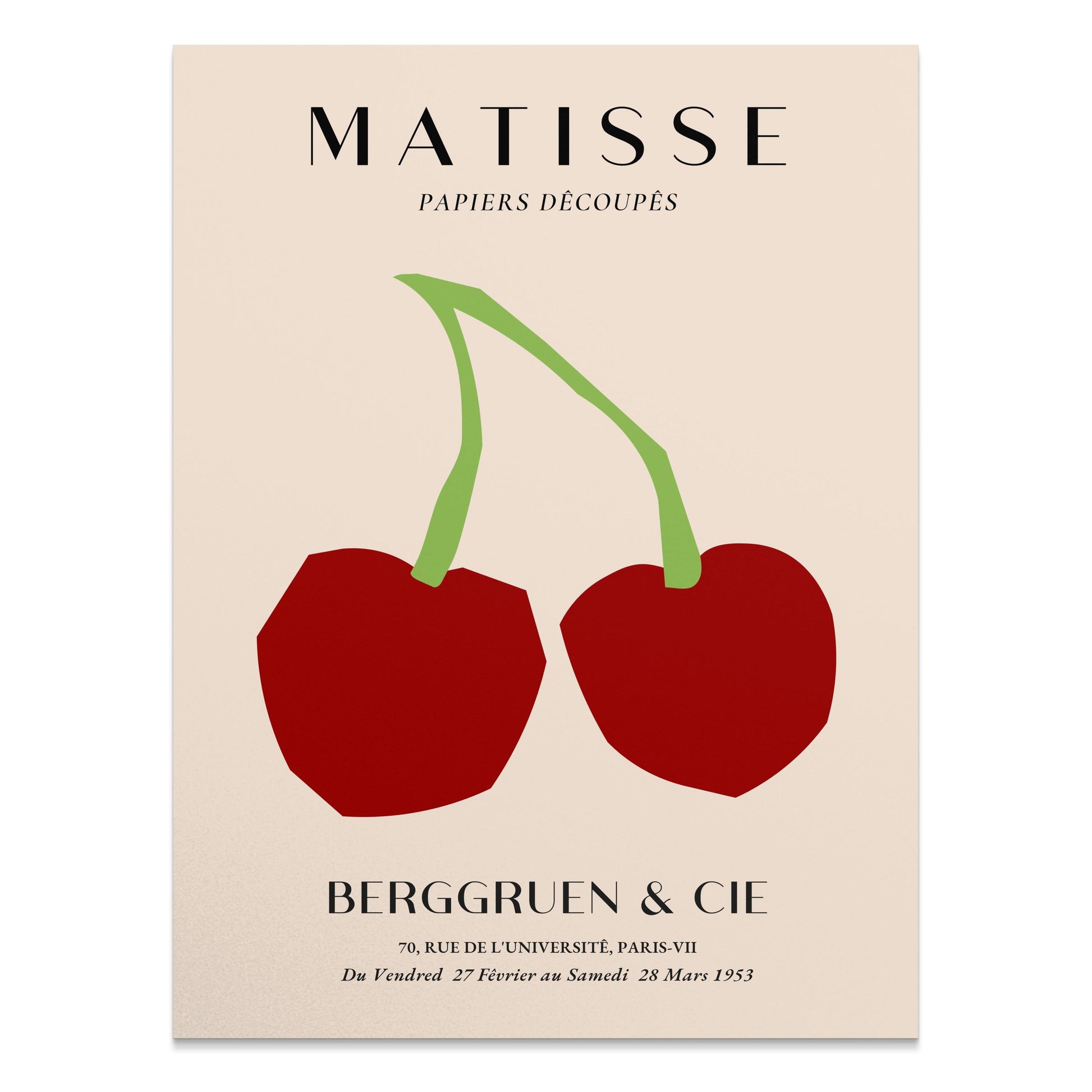 Vintage Henri Matisse art print poster featuring minimalist red cherries with green stems on a beige background, titled 'Berggruen & Cie.'