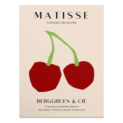 Vintage Henri Matisse art print poster featuring minimalist red cherries with green stems on a beige background, titled 'Berggruen & Cie.'