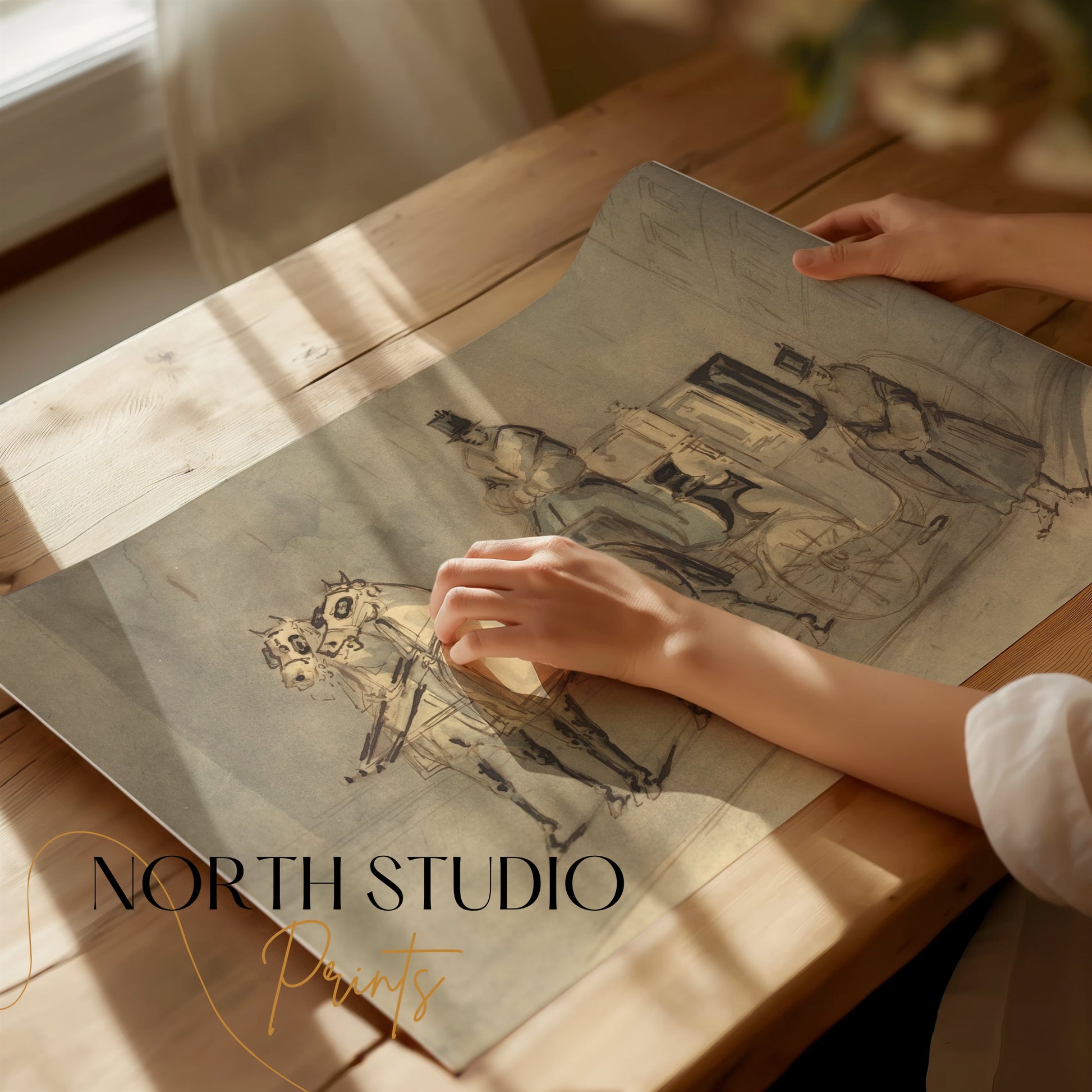 Premium Poster of Vintage Horse-Drawn Carriage Sketch Art Print Posters