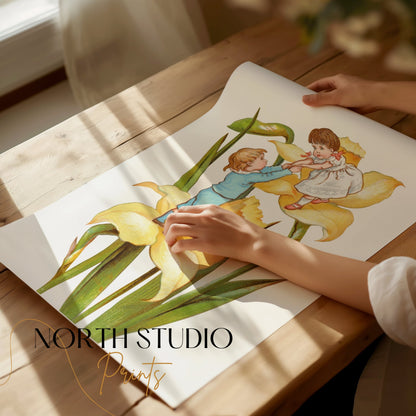 Premium Poster of Vintage Illustration of Children Playing on Yellow Flowers Posters