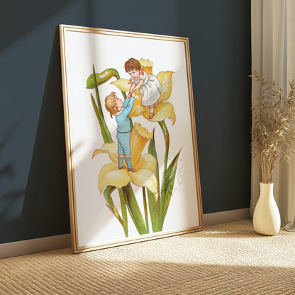 Premium Poster of Vintage Illustration of Children Playing on Yellow Flowers Posters