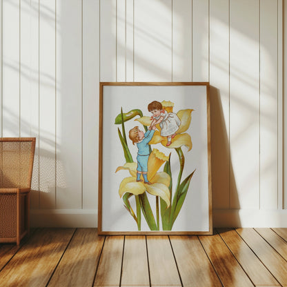 Premium Poster of Vintage Illustration of Children Playing on Yellow Flowers Posters