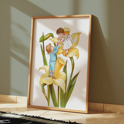 Premium Poster of Vintage Illustration of Children Playing on Yellow Flowers Posters