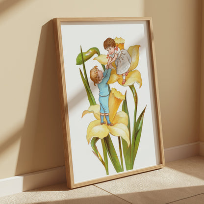 Premium Poster of Vintage Illustration of Children Playing on Yellow Flowers Posters