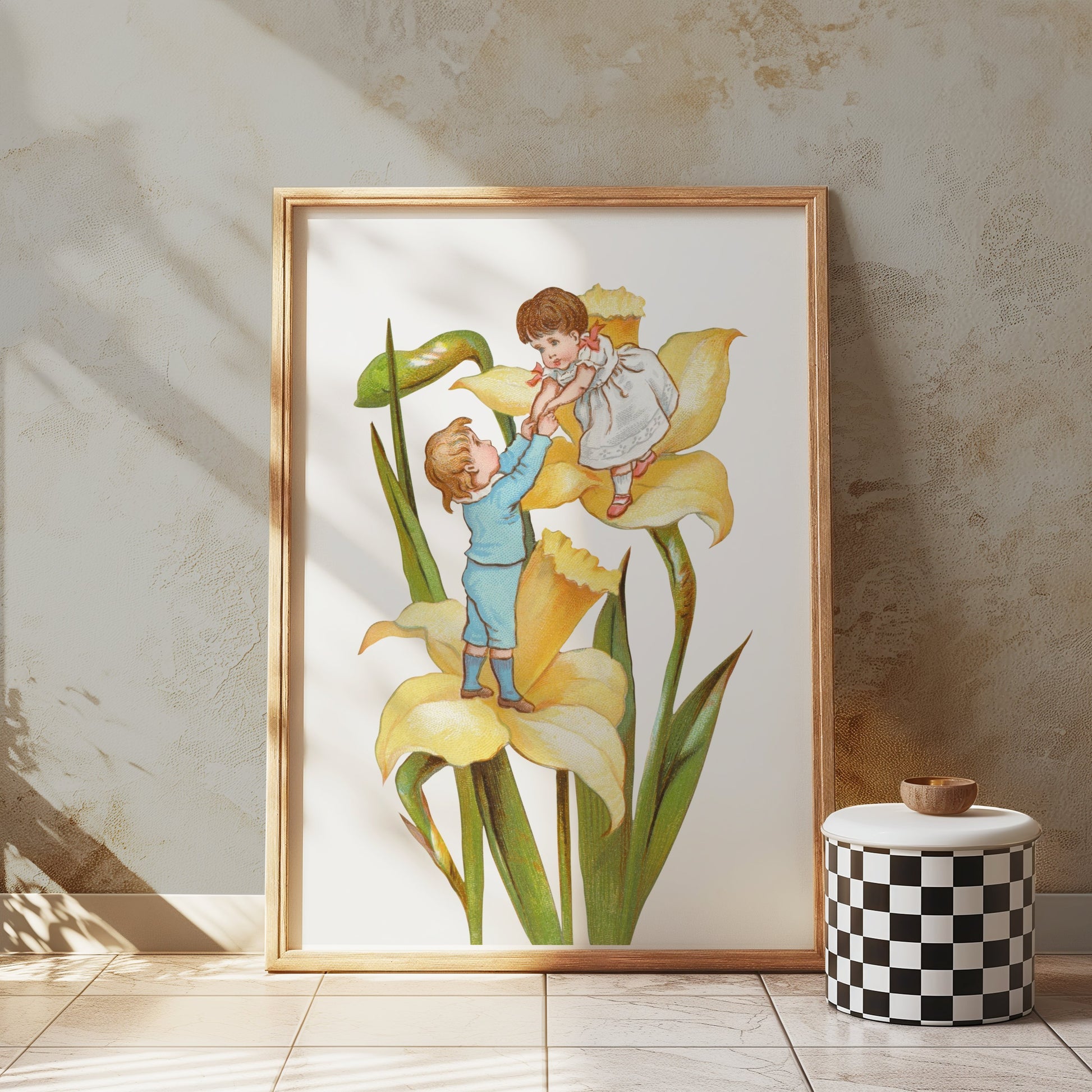 Premium Poster of Vintage Illustration of Children Playing on Yellow Flowers Posters