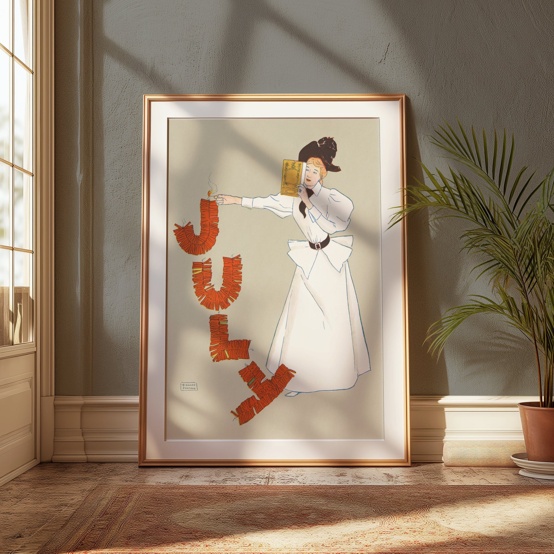 Premium Poster of Vintage July Celebration Woman Lighting Fire Posters