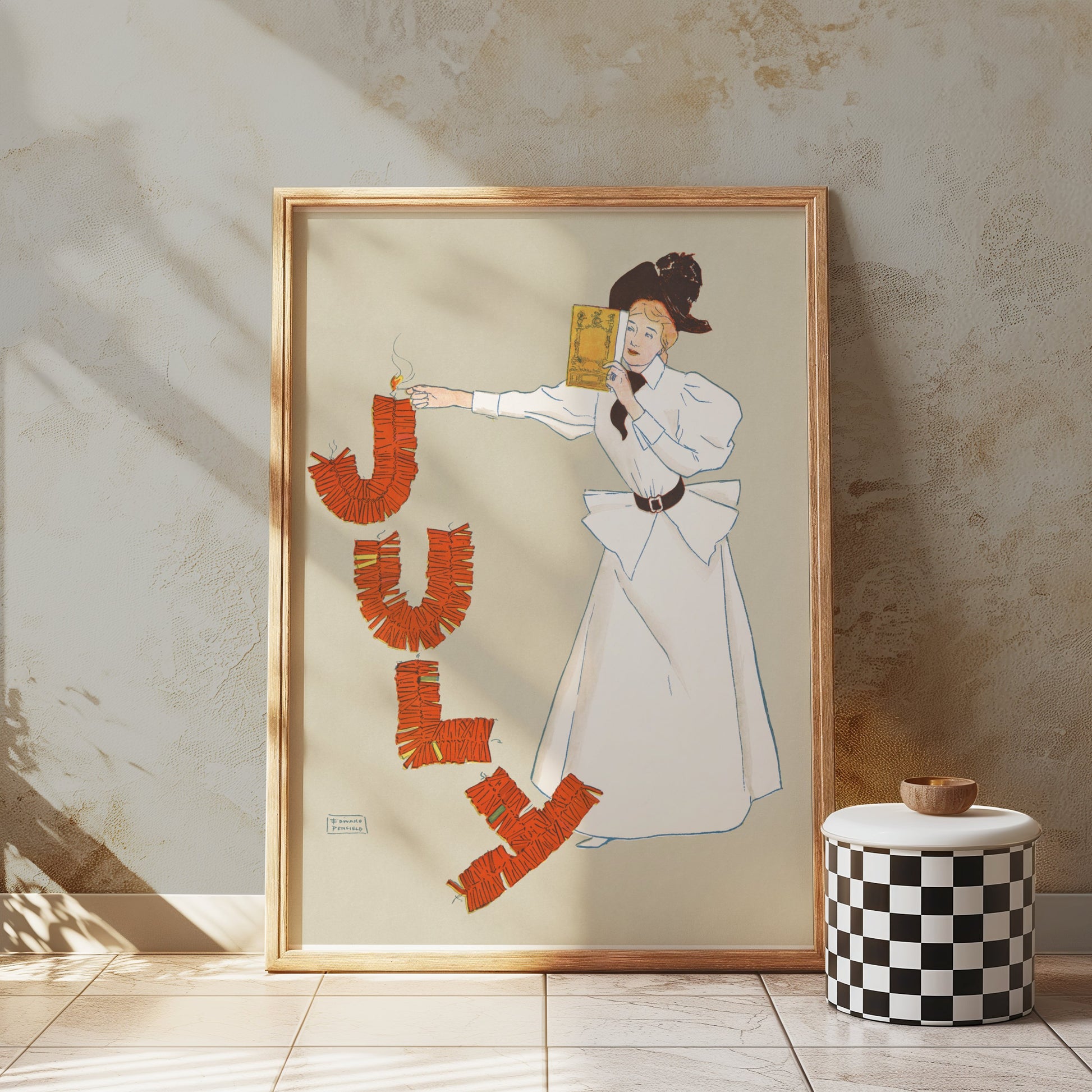 Premium Poster of Vintage July Celebration Woman Lighting Fire Posters