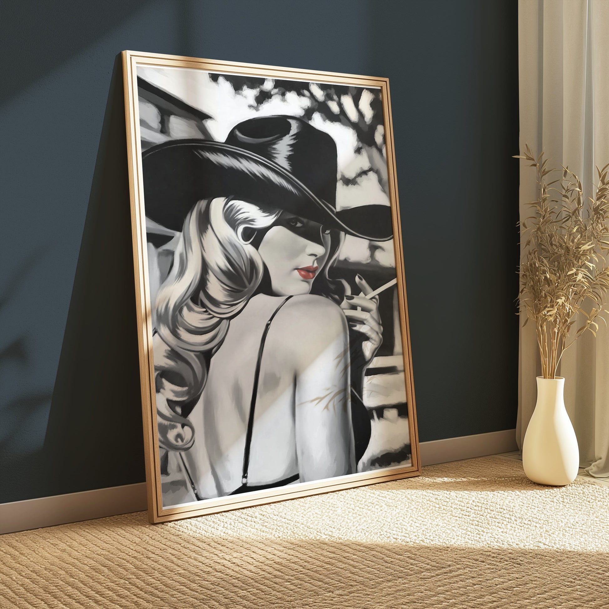 Premium Poster of Vintage Lady in Black Hat with Cigarette Art Posters