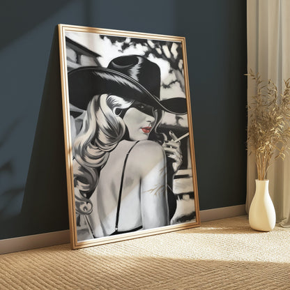 Premium Poster of Vintage Lady in Black Hat with Cigarette Art Posters