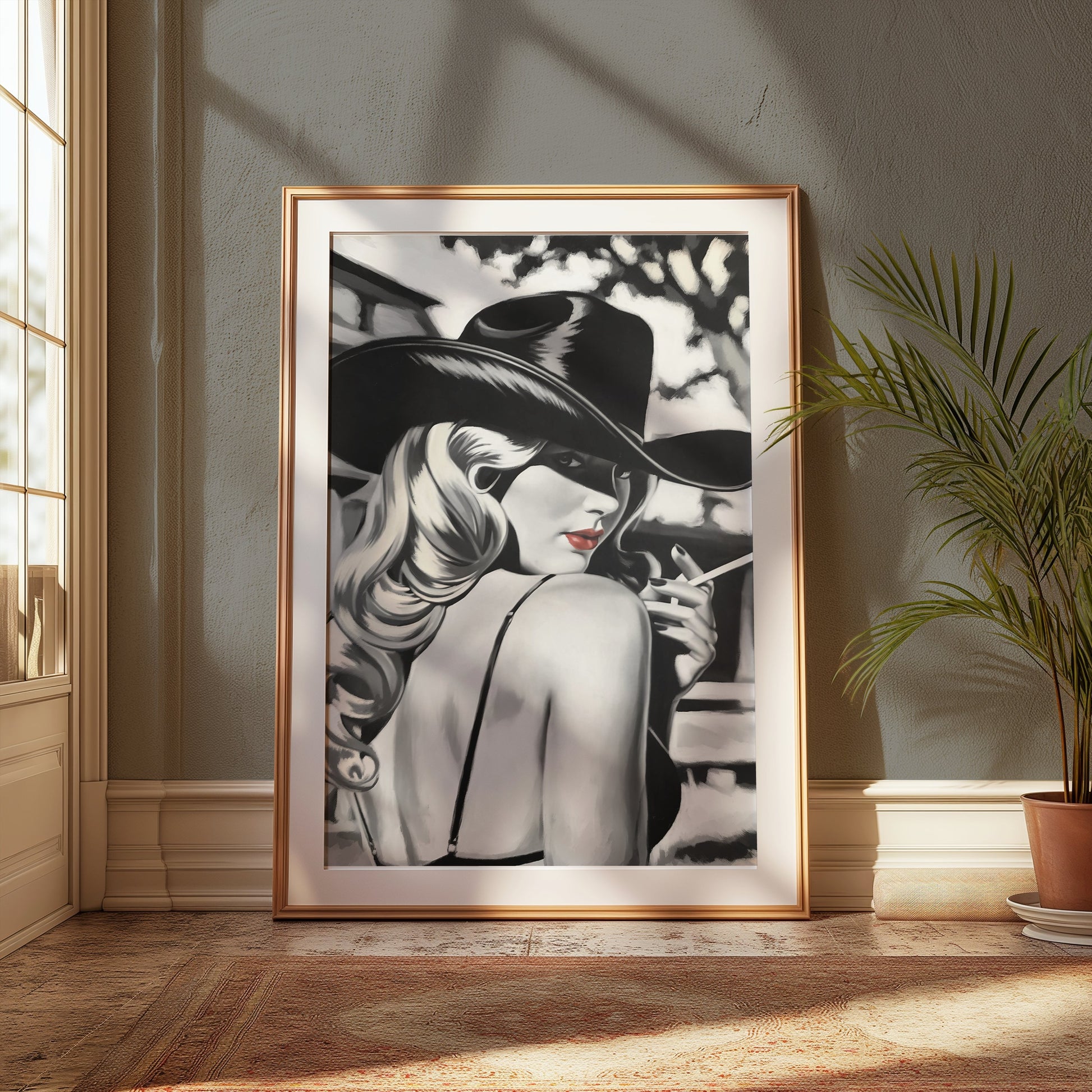 Premium Poster of Vintage Lady in Black Hat with Cigarette Art Posters