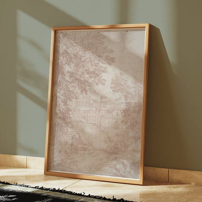 Premium Poster of Vintage Landscape Drawing of Old Buildings Posters