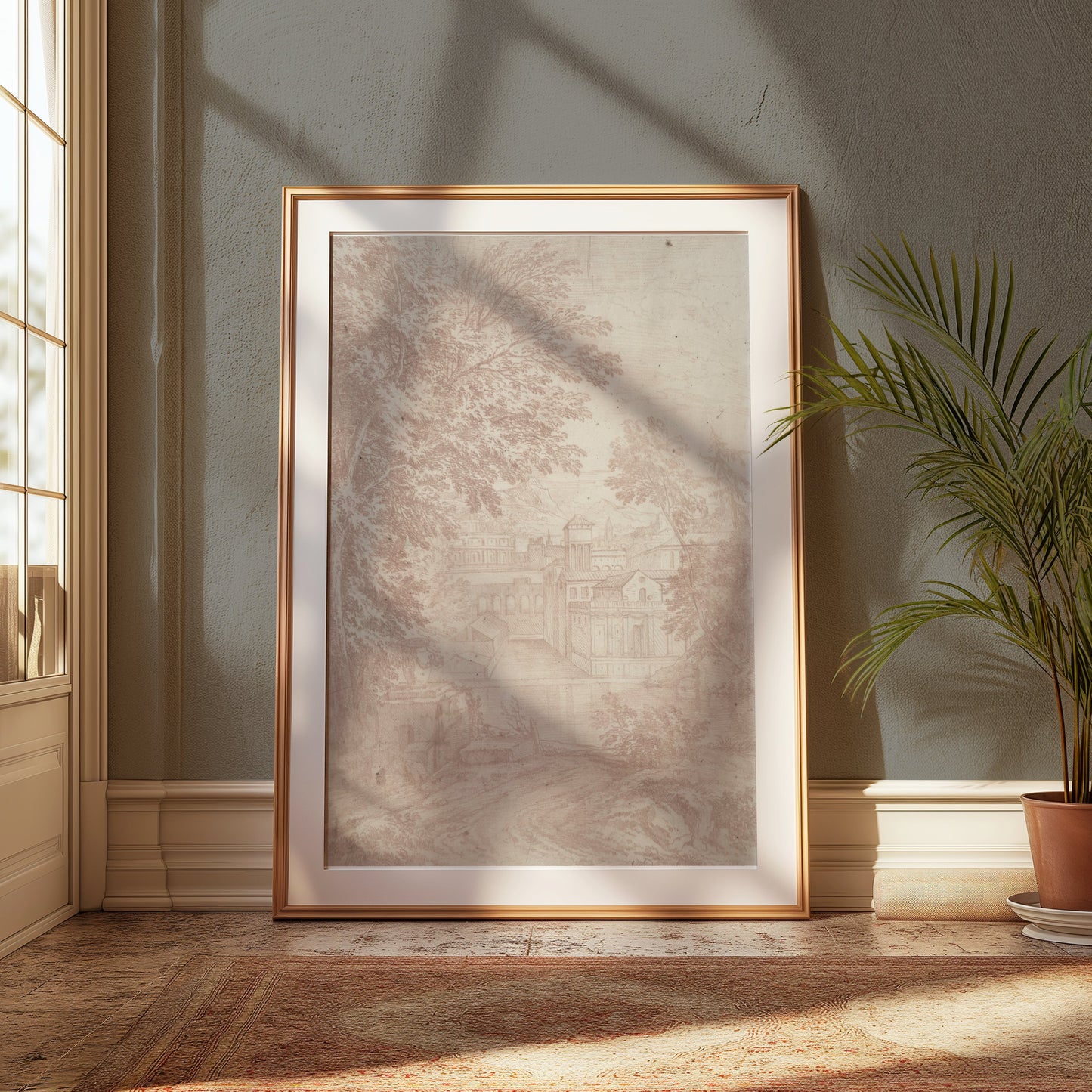 Premium Poster of Vintage Landscape Drawing of Old Buildings Posters