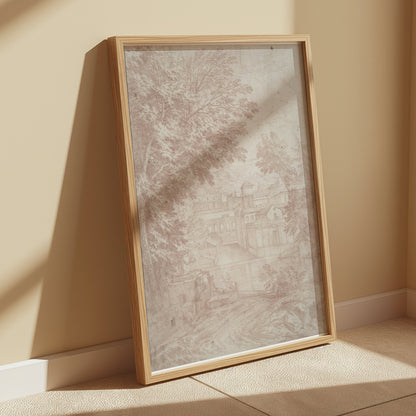 Premium Poster of Vintage Landscape Drawing of Old Buildings Posters