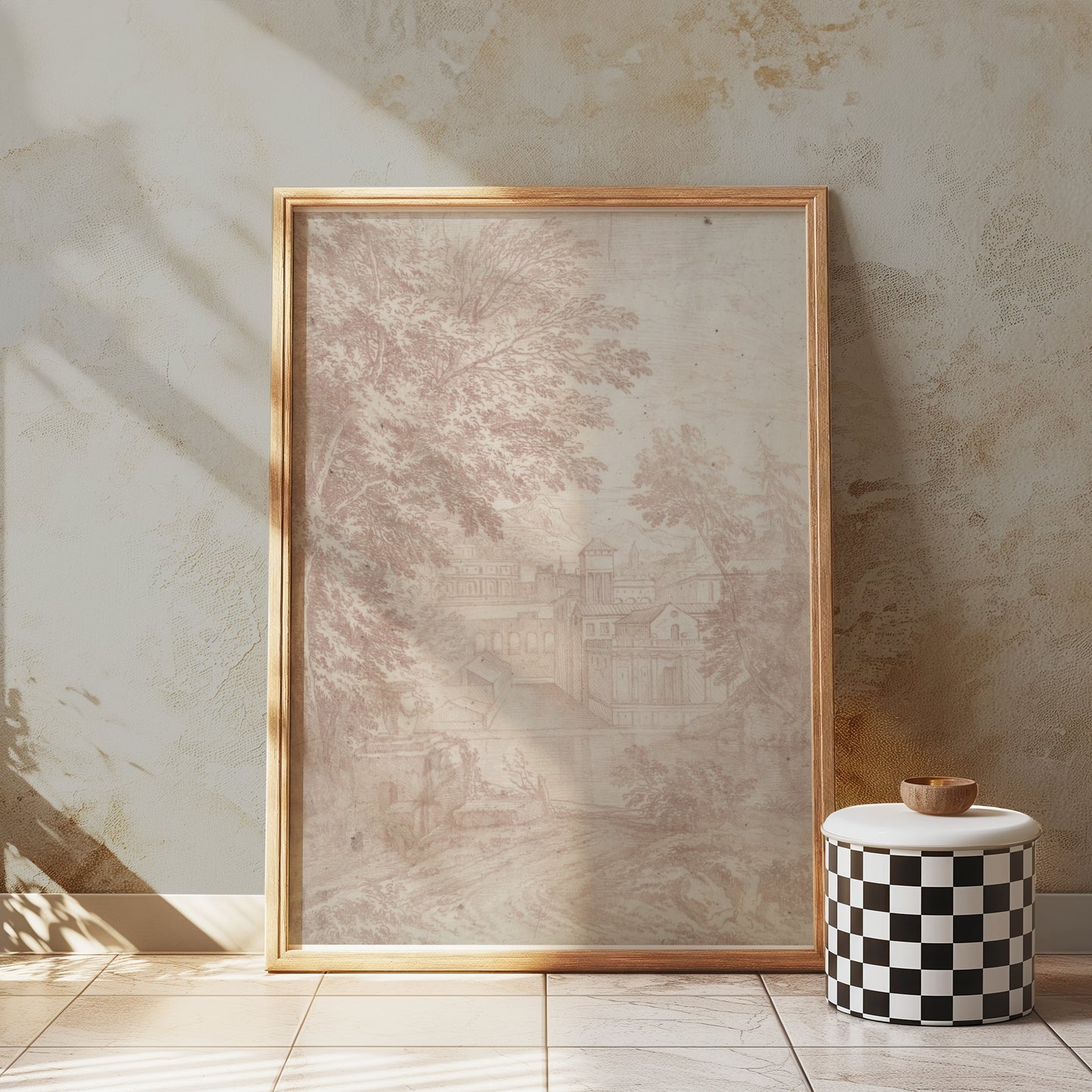 Premium Poster of Vintage Landscape Drawing of Old Buildings Posters