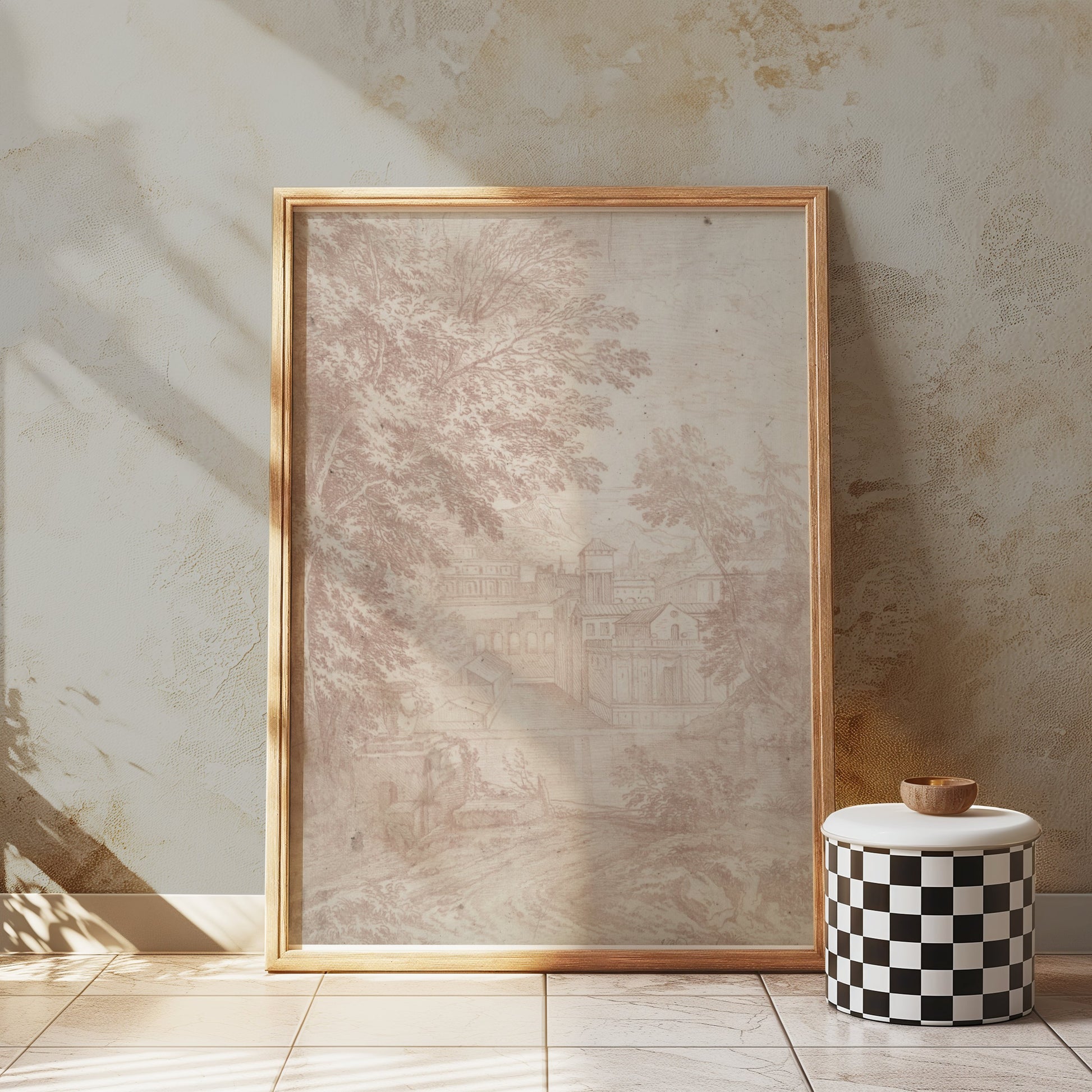 Premium Poster of Vintage Landscape Drawing of Old Buildings Posters