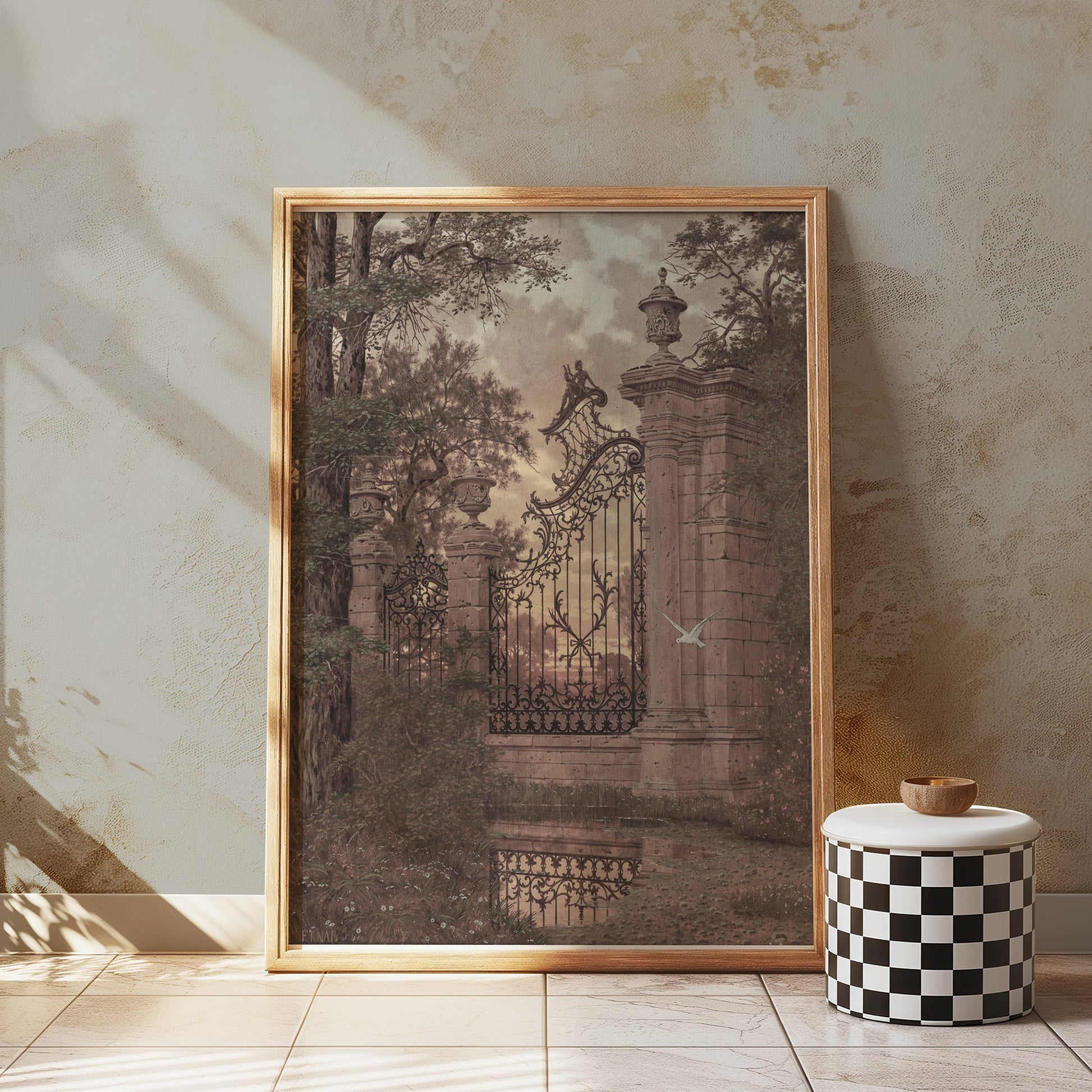 Premium Poster of Vintage Ornate Gate and Nature Landscape Art Posters