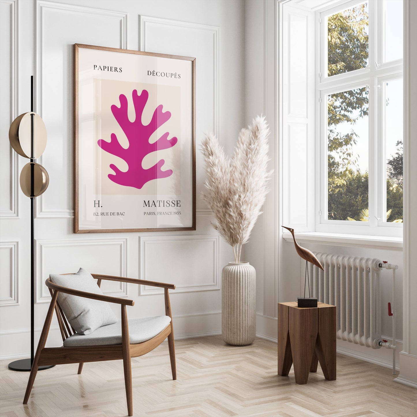 Vintage Papiers Découpés poster by H Matisse, France 1955, framed and styled in a minimalist living room with natural light and modern furniture.