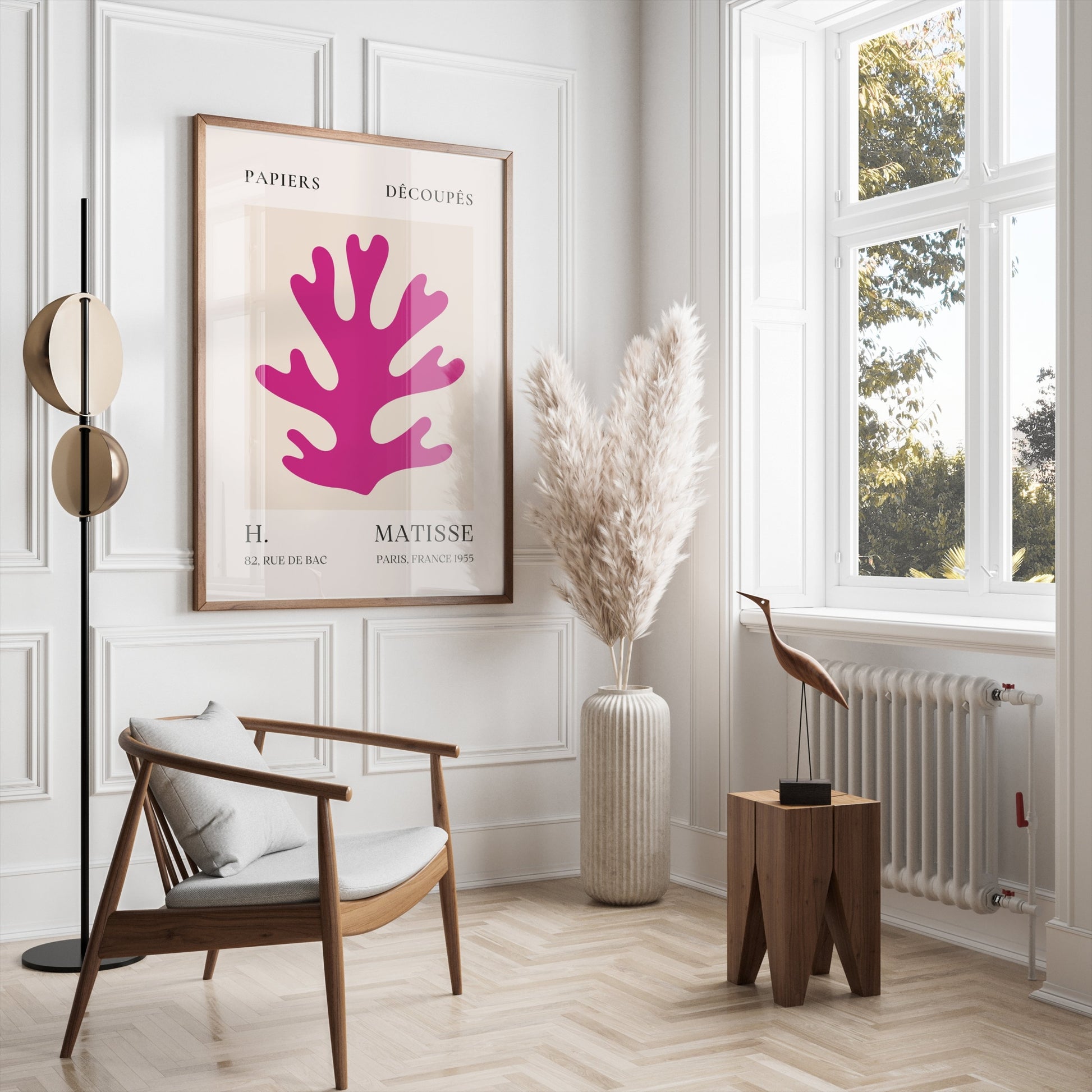Vintage Papiers Découpés poster by H Matisse, France 1955, framed and styled in a minimalist living room with natural light and modern furniture.