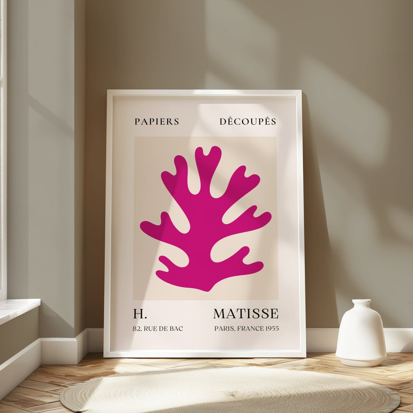 Framed Vintage Papiers Découpés poster by H Matisse, France 1955, displayed in a modern room with neutral tones and natural lighting.