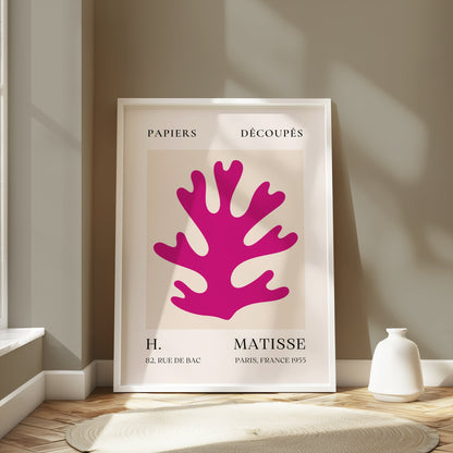 Framed Vintage Papiers Découpés poster by H Matisse, France 1955, displayed in a modern room with neutral tones and natural lighting.