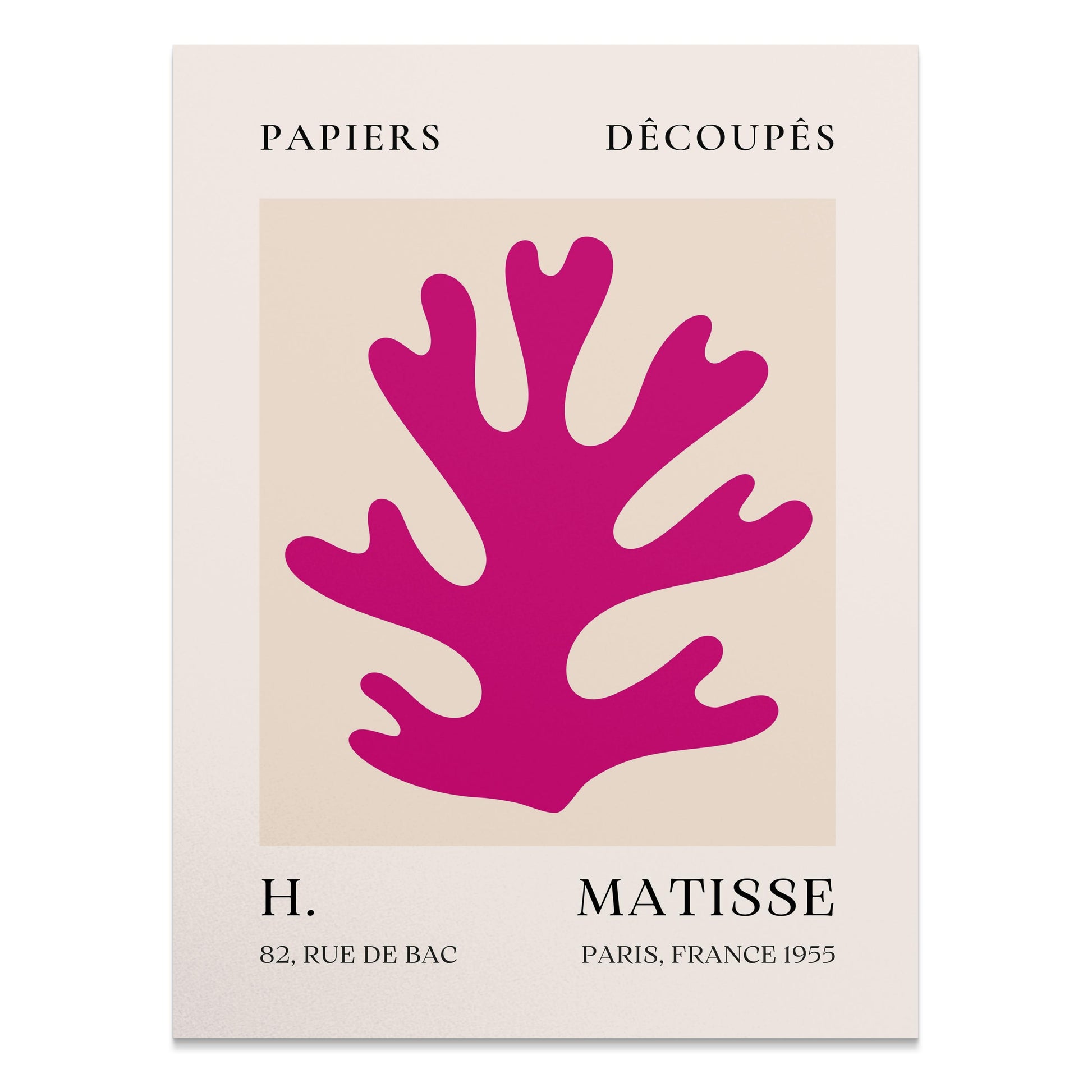 Vintage Papiers Découpés poster by H Matisse, France 1955, featuring a bold magenta abstract papercut design on a beige background.