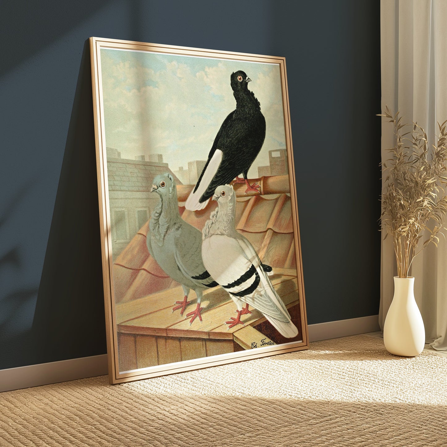 Premium Poster of Vintage Rooftop Pigeons Artwork Illustrative Posters