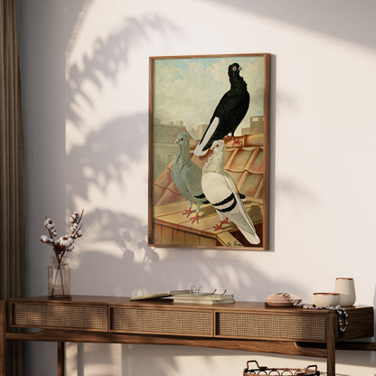 Premium Poster of Vintage Rooftop Pigeons Artwork Illustrative Posters
