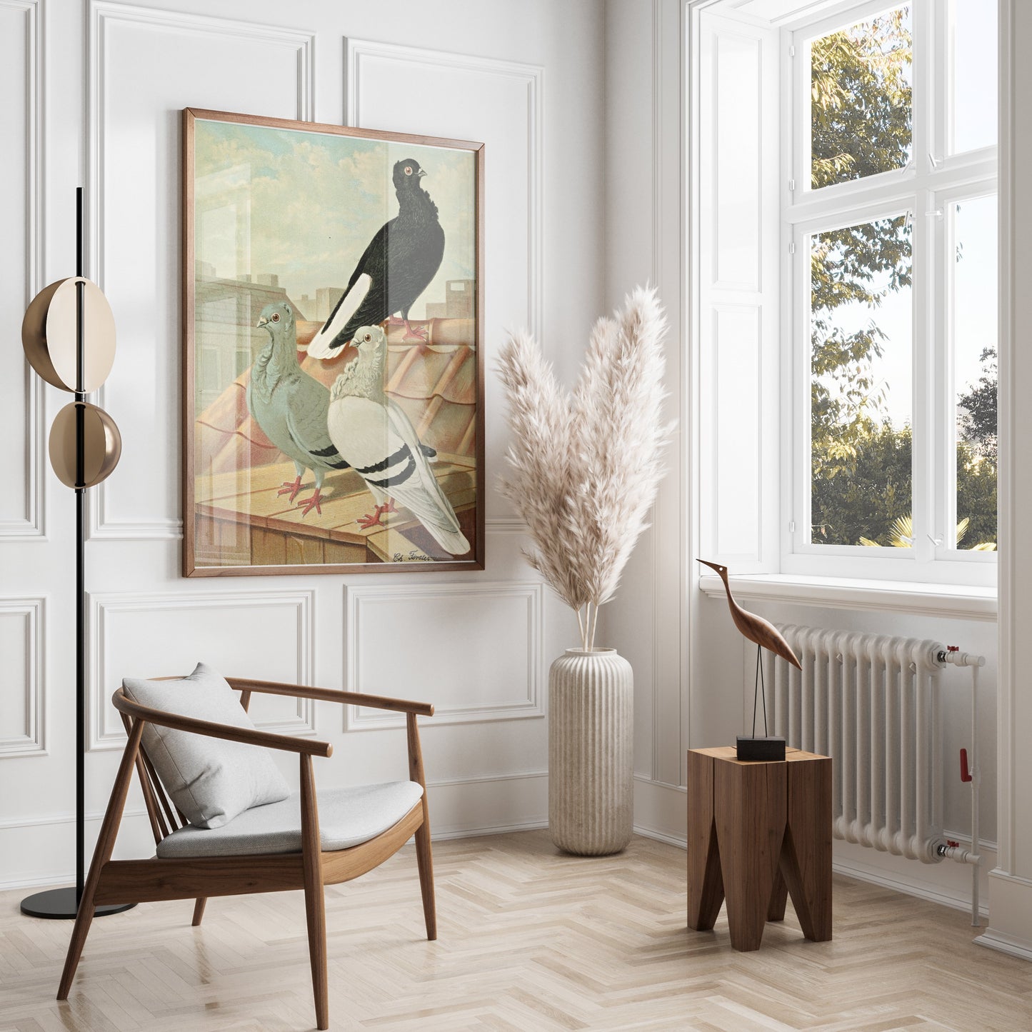 Premium Poster of Vintage Rooftop Pigeons Artwork Illustrative Posters