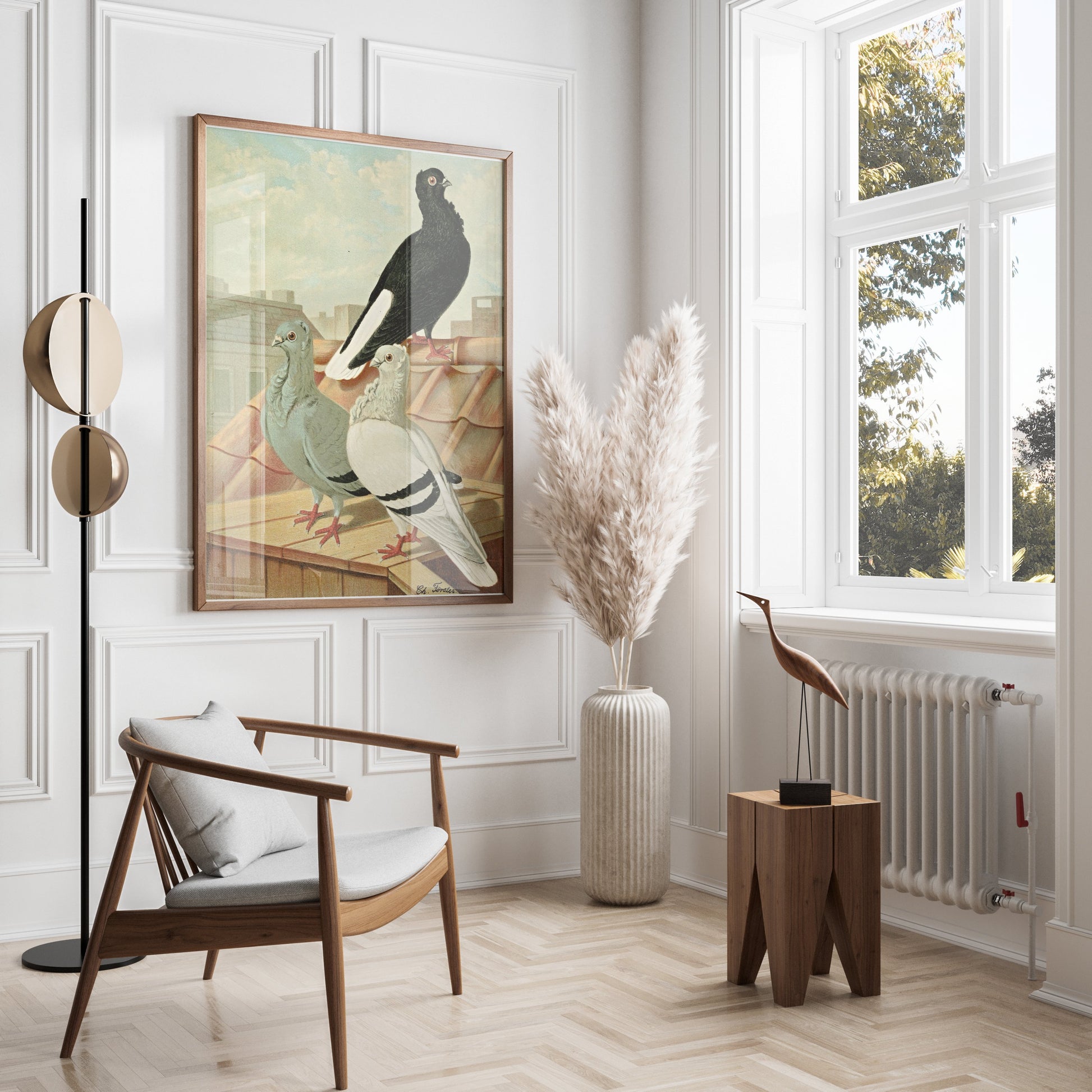 Premium Poster of Vintage Rooftop Pigeons Artwork Illustrative Posters
