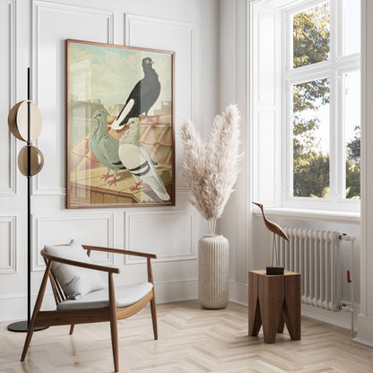 Premium Poster of Vintage Rooftop Pigeons Artwork Illustrative Posters