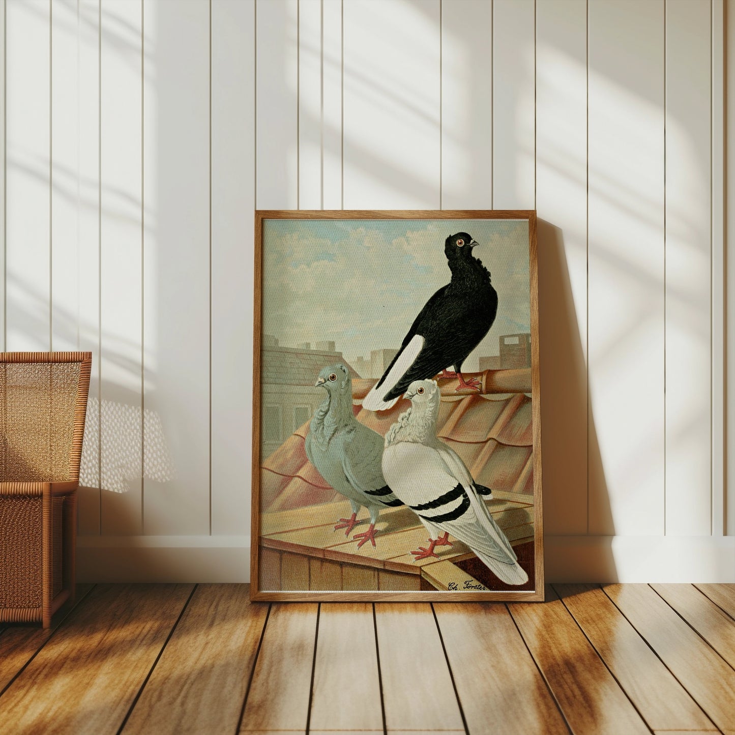 Premium Poster of Vintage Rooftop Pigeons Artwork Illustrative Posters